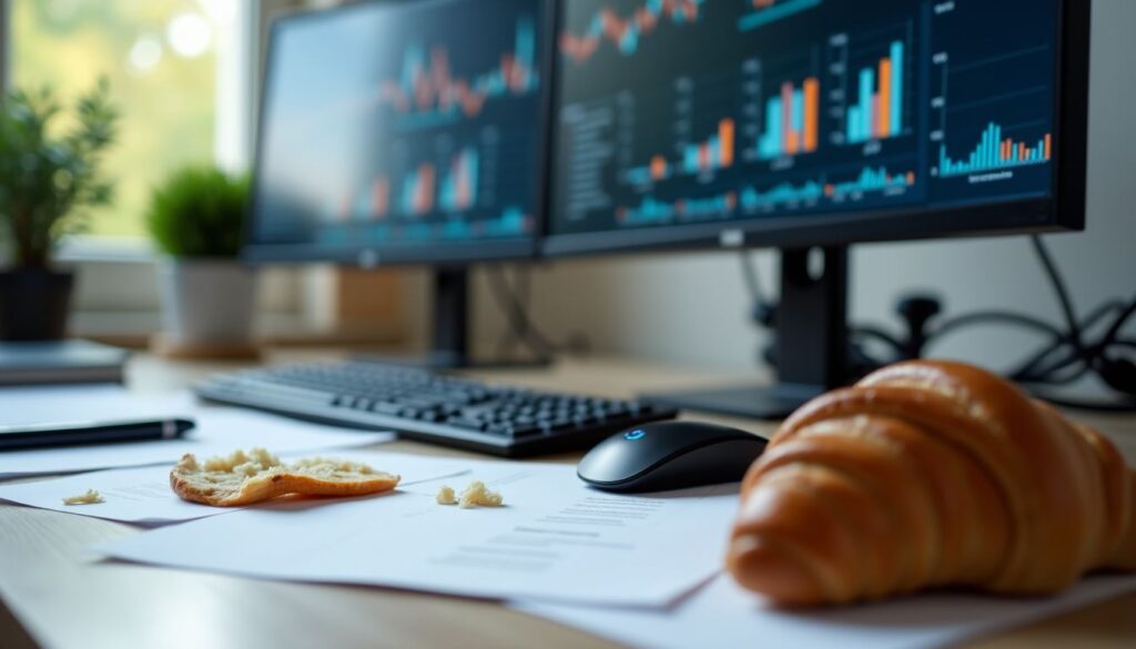 Un bureau d'une agence digitale en désordre avec un ordinateur et des notes.